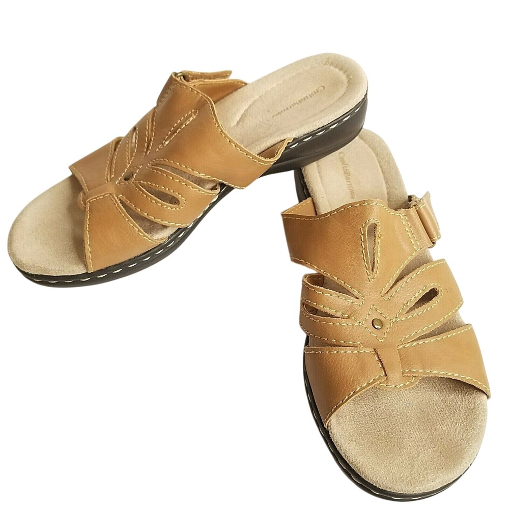 Croft & Barrow Tan Piper Laser Cut Slide Sandals 7.5 M Boho Comfort Summer Shoes